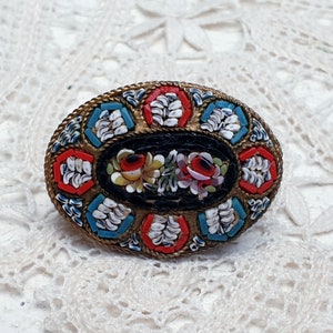 Antique Micro Mosaic Floral Brooch Italy Grand Tour Art Deco Jewelry