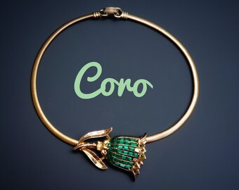RARE Coro Pegasus Adolph Katz Tulip Necklace with Green Baguette Stones. Signed Coro Pegasus Des Pat.Pend