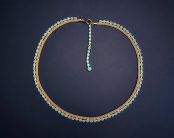 West Germany Vintage Choker Necklace with Gold Tone Mesh and Faux Turquoise Rhinestones.