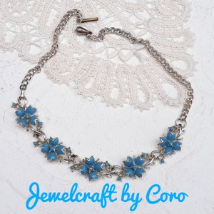 Jewelcraft by Coro Vintage Blue Enamel Dogwood Flowers Choker Necklace.1950s, Signed Jewelcraft. 