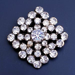 Art Deco Vintage Rhombus Brooch with Clear Rhinestones.