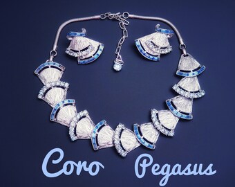 Coro Pegasus Vintage Demi Parure Necklace Clip-on Earrings Set Rhodium Plated, Blue Baguette and Chaton Rhinestones. Full Signed Des PatPend