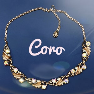Coro 1960s Vintage Necklace. Gold tone Leaf Garland and AB Rhinestones.