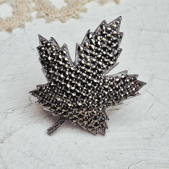 Keyes Signed Vintage Marcasite Silver Plated Mapl… - image 8