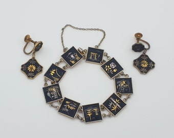 Bracelet vintage Amita shakudo damas japonais et boucles d'oreilles assorties, incrustation d'or 24 carats et d'argent sterling.