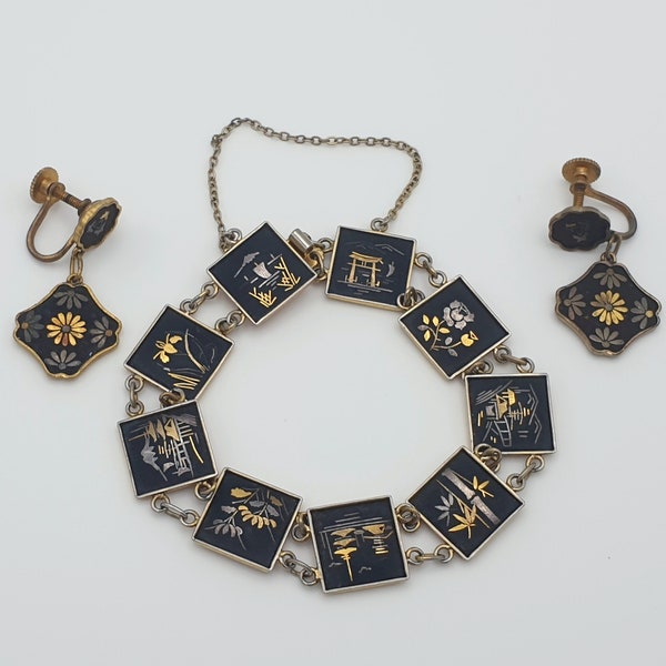 Amita Japanese Damascene Shakudo Vintage Bracelet and Matching Earrings , 24K Gold and Sterling Silver Inlay.