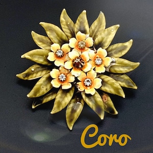 Coro 1940s Vintage Bouquet Brooch. Yellow, Green Enamel, Clear Rhinestones.
