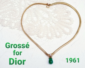 GROSSÉ for DIOR 1961 Vintage Necklace. Gold Plated with Pearl and Jade Pendant. Signed Grossé 1961. Henkel & Grosse. RARE and Collectible!