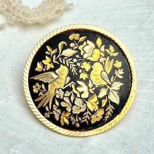 Vintage Damascene Toledo Round Brooch,  Gold Inlay.