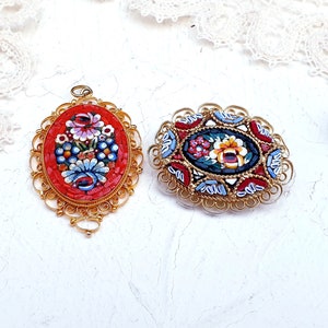 Vintage Micro Mosaic Lot Brooch and Pendant Floral Italy Gold tone Filigree