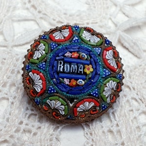 Antique Micro Mosaic Floral Brooch Roma Italy Grand Tour Victorian Jewelry