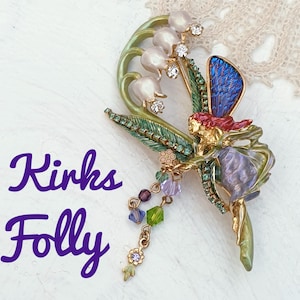 KIRKS FOLLY Rare Vintage Lily of Valley Fairy Brooch. Gold tone,  Enamel,  Rhinestones. Signed by Kirks Folly.
