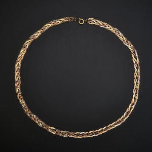 Elegant Vintage Gold Plated Tricolor Braided Chain Choker Necklace in Silver, Yellow and Rose Gold Tones.