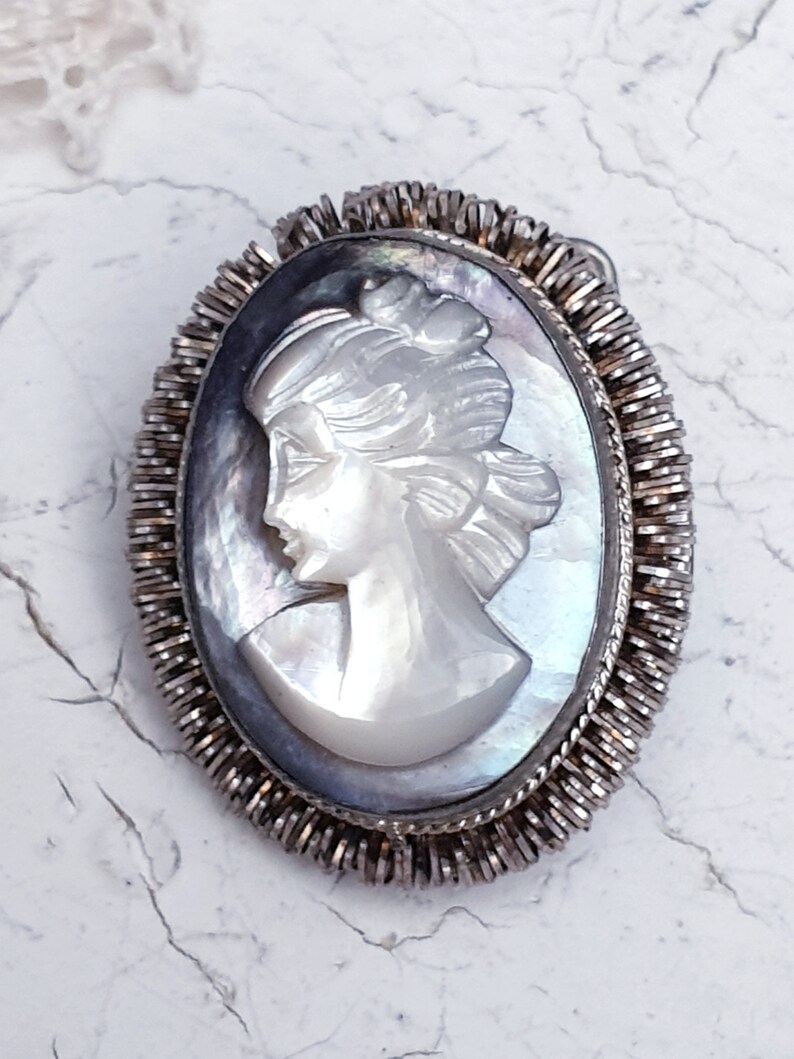 Vintage Shell Abalone Heliotis Cameo Brooch Pendant in 800 Silver ...