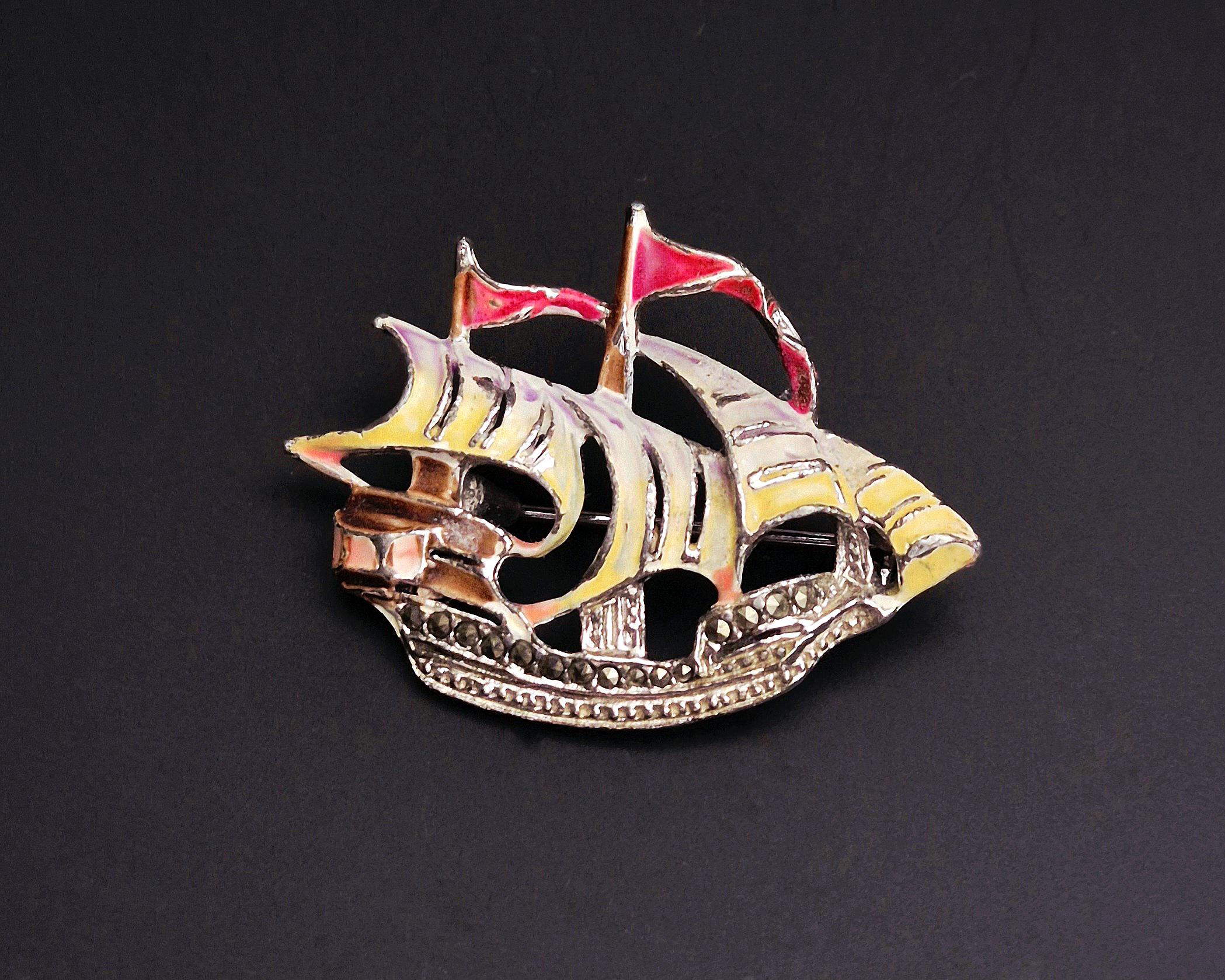 Broche Ancienne Galion En Argenté Filigrane Vintage 1673 - Occasion, Superbe Bijou
