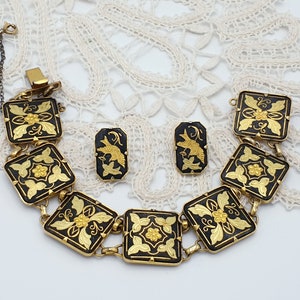 Vintage Damascene Toledo Gold Inlay Jewelry Set. Panel Links Bracelet with Safety Chain and Matching Clip-on Earrings.