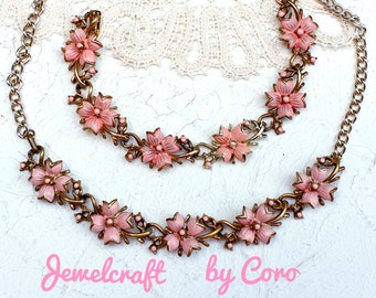 Jewelcraft by Coro Vintage Demi Parure. Pink Enamel Dogwood Flowers Choker Necklace and Bracelet Set. 1950s, Signed Jewelcraft. 