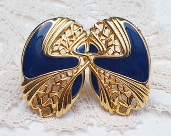 Boucles D'oreilles Clips Vintage Dorées émaillées Vert/bleu - Occasion