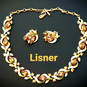LISNER Demi Parure Necklace & Clip on Earrings Large Marquise, AB Rhinestones, Gold plated metal. Signed Vintage 1950s