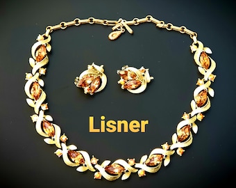 LISNER Demi Parure Necklace & Clip on Earrings Large Marquise, AB Rhinestones, Gold plated metal. Signed Vintage 1950s