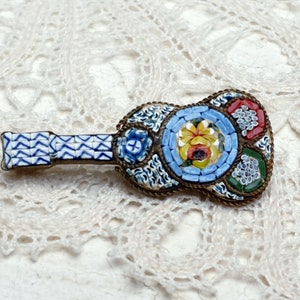 Antique Micro Mosaic Guitar Floral Brooch Italy Grand Tour Jewelry