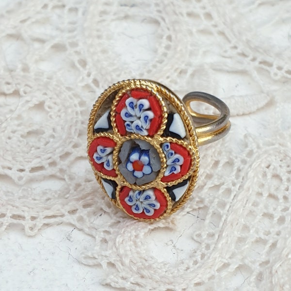 Vintage Micro Mosaik Millefiore Einstellbar Ring. Tournüre Schmuck.