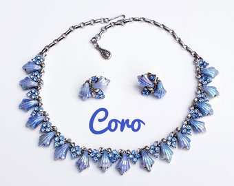 Rare Coro Book Demi Parure, 1950 Vintage Necklace Clip-on Earrings Set with Molded Iridescent  Cabochons and Blue Rhinestones. Full Signed.