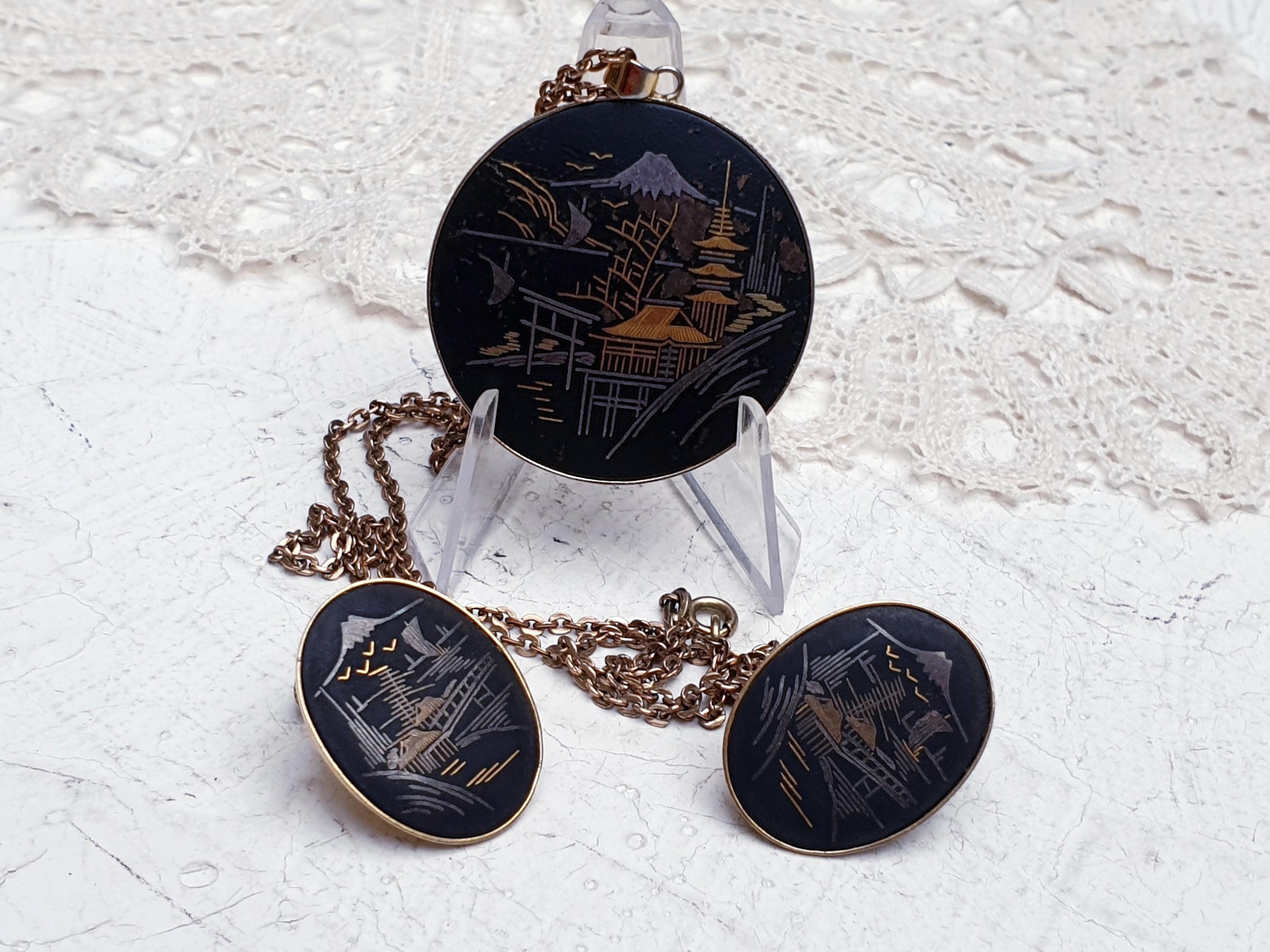 Amita Japanese Damascene Shakudo Vintage Parure, 24K Gold and
