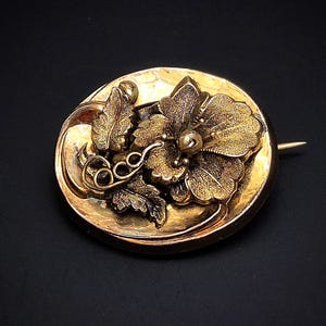 Antique Victorian Rolled Gold Floral Design Brooch with Seed Pearl. 1830s  Germany Biedermeier.