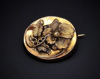 Antique Victorian Rolled Gold Floral Design Brooch with Seed Pearl. 1830s  Germany Biedermeier.