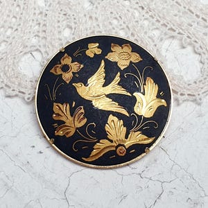 Vintage Damascene Toledo Large Round Brooch,  Gold Inlay.