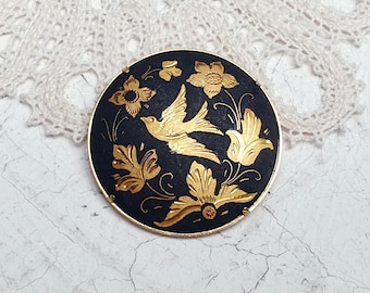 Vintage Damascene Toledo Large Round Brooch,  Gold Inlay.
