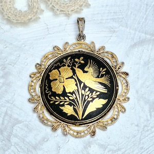 Vintage Damascene Toledo Gold Inlay Large Round Pendant with Filigree Edging.