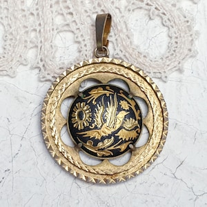 Vintage Damascene Toledo Gold Inlay Large Round Pendant.
