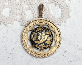 Vintage Damascene Toledo Gold Inlay Large Round Pendant.