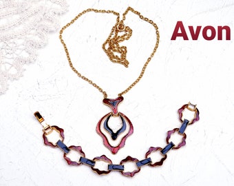 Avon Vintage Demi Parure. Ornate Pendant Necklace and Bracelet.  Gold Plated with Red and Black Enamel. 