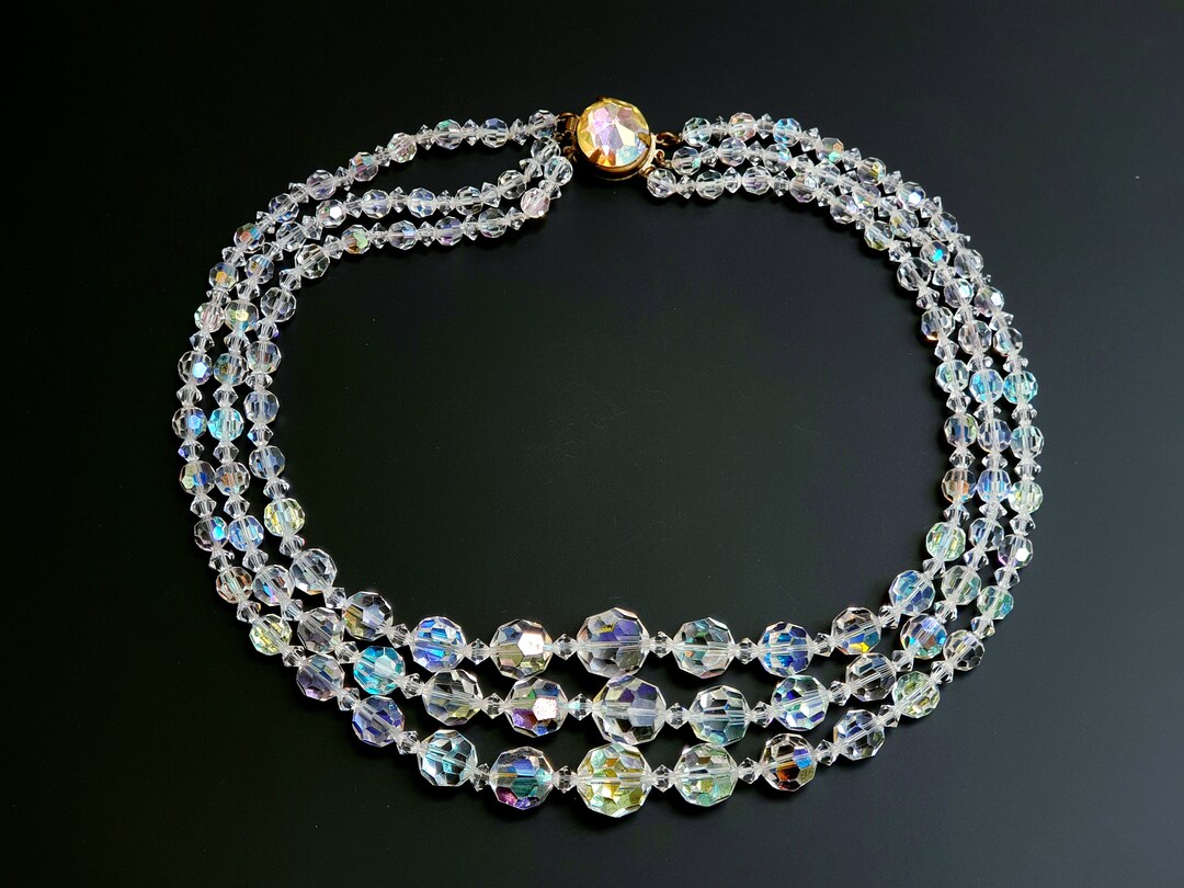 Collier Ancien En Cristal à 3 Rangs - Argenté - Occasion - Bijou Vintage