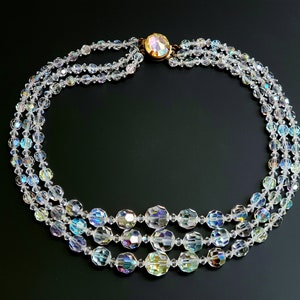 Statement Vintage Faceted Crystal AB Glass Beads Three Strand Graduated Beaded Necklace.