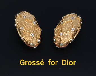 GROSSÉ for DIOR Vintage Clip-on  Earrings, Gold Plated, Fine Brushed, Clear Rhinestones. Signed Grossé.  Henkel & Grosse.