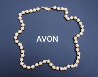 AVON Vintage Single Strand Faux Pearl Necklace with Openwork Gold tone Clasp.  Signed. 