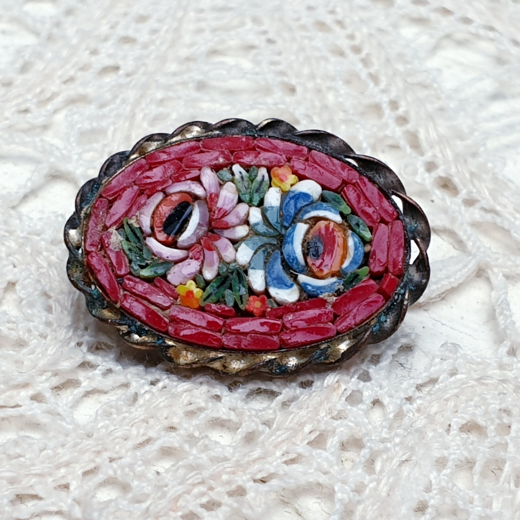 Ancienne Broche Bouquet Fleurs Micro Mosaïque Et Filigrane - Occasion