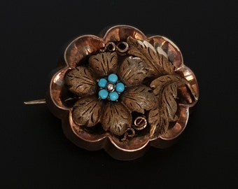 Antique Victorian Tombac Floral Design Brooch with Turquoise and Seed Pearl. 1830s  Germany Biedermeier. Signed ER