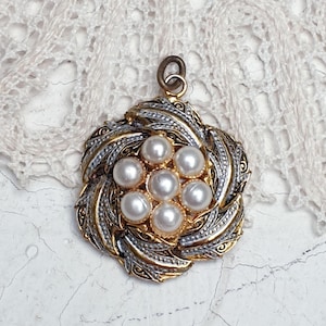 Vintage Damascene Style Round Floral Pendant with Faux Pearls