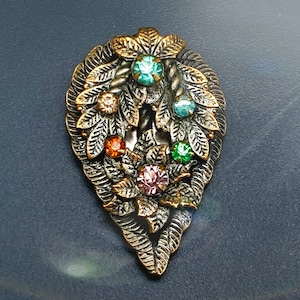 Art Deco Czech Floral Dress Clip with Multicolor Rhinestones