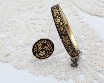 Vintage Damaszener Toledo Gold Inlay Schmuckset. Armreif mit Scharnier, Sicherheitskette und passender runder Brosche.