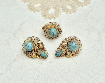 West Germany Vintage Filigree Adjustable Ring and Clip on Earrings Set in Gold tone with Faux Turquoise Peking Glass Cabochons.