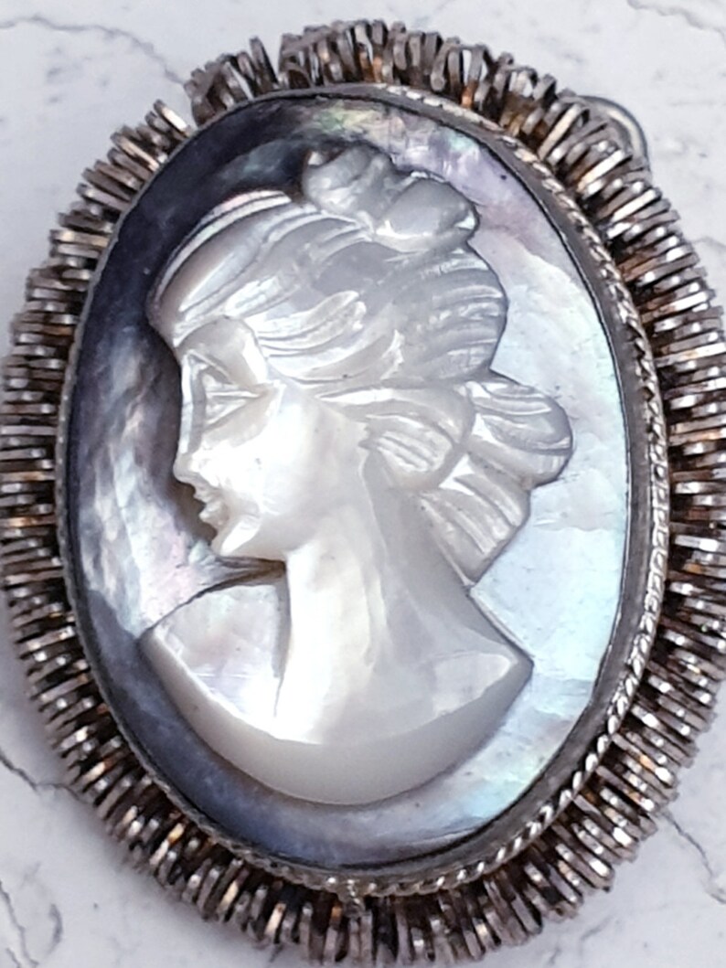 Vintage Shell Abalone Heliotis Cameo Brooch Pendant in 800 Silver ...