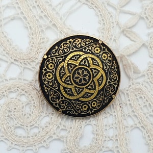 Vintage Damascene Toledo Large Round Brooch,  Gold Inlay.