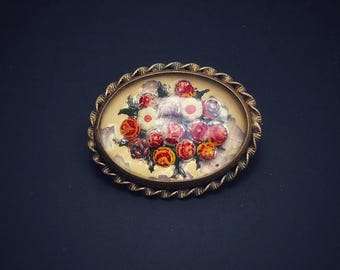 Antique Edwardian Essex Crystal Glass Reverse Carved Painted Intaglio Flower Bouquet Brooch.