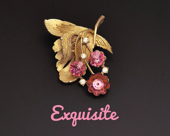 Belle broche vintage autrichienne pour bouquet de fleurs en métal doré avec émail et strass. - Canada